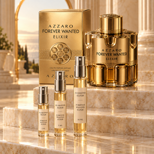Azzaro Forever Wanted Elixir bottle and box with Alabaster Elixir 2 ml, 5 ml and 10 ml decant atomizers on a marble display.