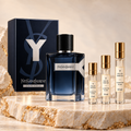 Yves Saint Laurent Y Eau de Parfum bottle, retail box and Alabaster Elixir decant sprays in 2 ml, 5 ml and 10 ml sizes.