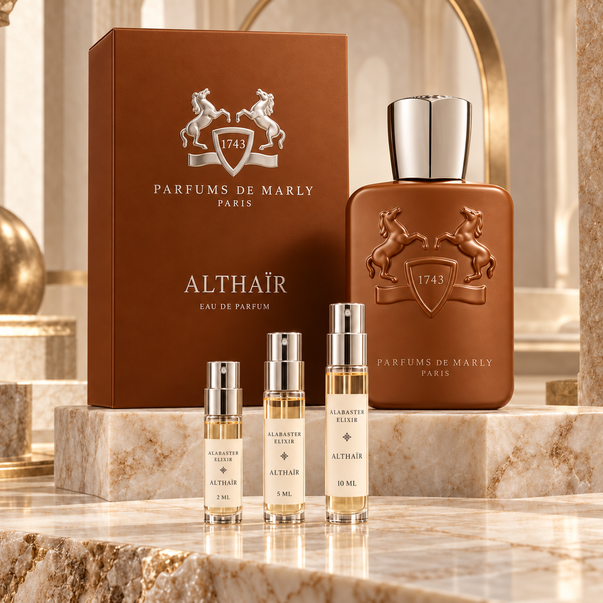Parfums de Marly Althaïr bottle and box with Alabaster Elixir 2 ml, 5 ml and 10 ml decant atomizers on a marble display.