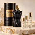 Jean Paul Gaultier Le Male Le Parfum bottle, packaging and Alabaster Elixir decant sprays in 2 ml, 5 ml and 10 ml sizes.