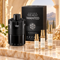Azzaro The Most Wanted EDP Intense bottle and box beside Alabaster Elixir 2 ml, 5 ml and 10 ml decants on golden marble.
