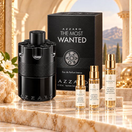 Azzaro The Most Wanted EDP Intense bottle and box beside Alabaster Elixir 2 ml, 5 ml and 10 ml decants on golden marble.