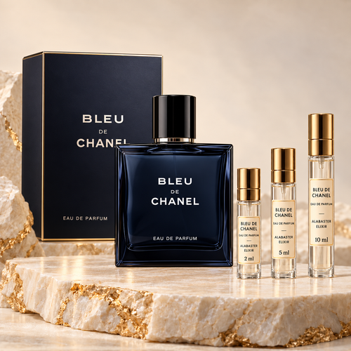 Bleu de Chanel Eau de Parfum bottle, retail box and Alabaster Elixir decant sprays in 2 ml, 5 ml and 10 ml sizes.