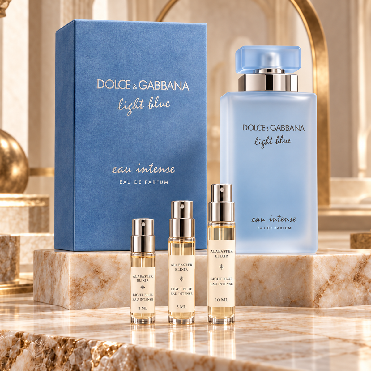 Dolce & Gabbana Light Blue Eau Intense for women with Alabaster Elixir 2 ml, 5 ml and 10 ml decant atomizers on a marble display.