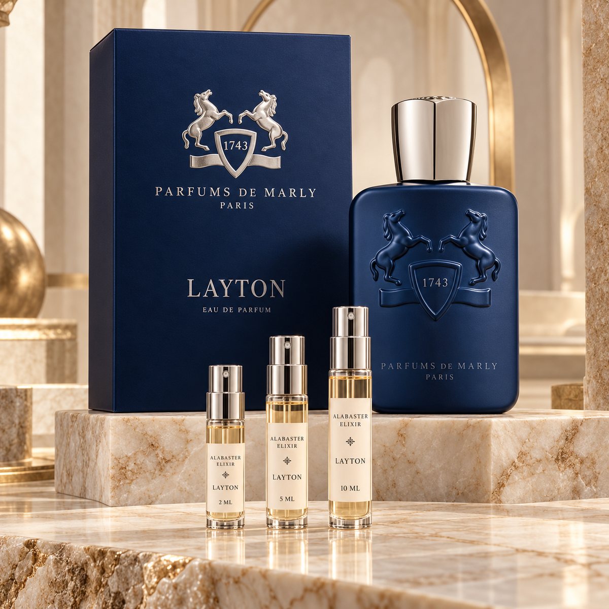 Parfums de Marly Layton Eau de Parfum decants in 2 ml, 5 ml and 10 ml sizes
